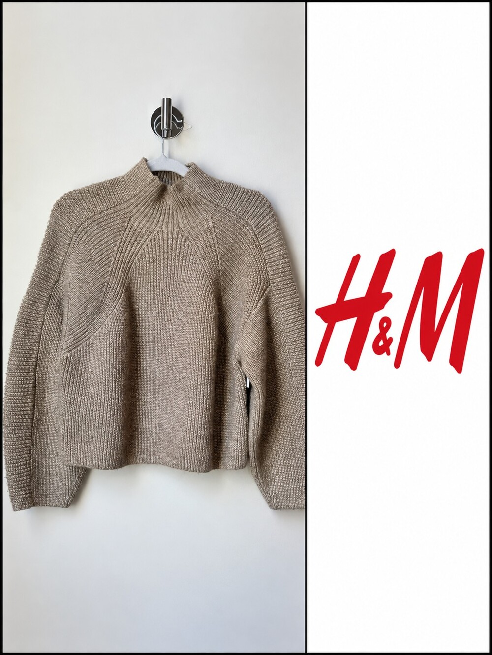 H&M Women's Beige Taupe Chunky Ribbed Knit Mock Neck Cropped Sweater M